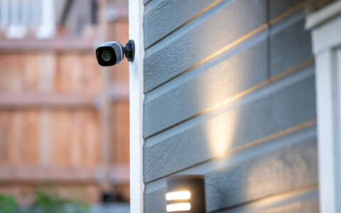 Black cctv surveillance camera outside building, home security system