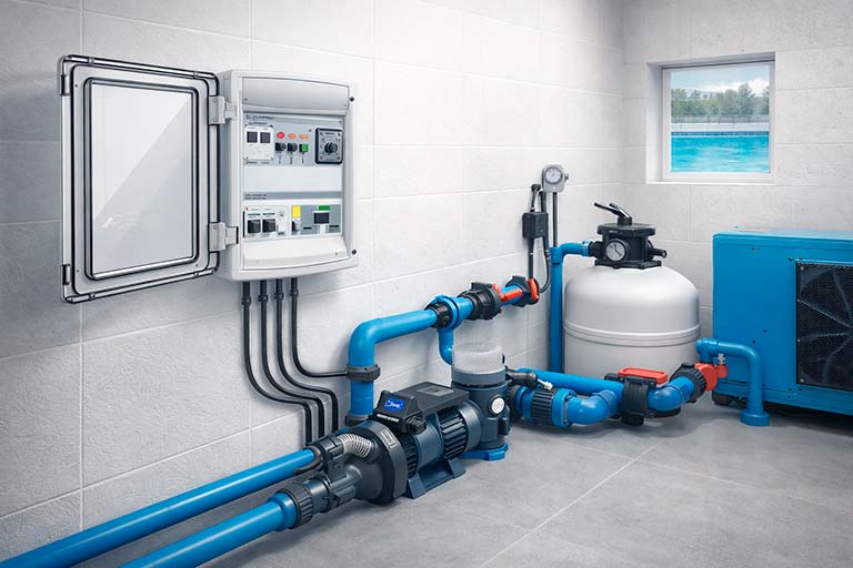 cuadro eléctrico estanco para piscina instalado en sala técnica junto a bomba y sistema de filtrado