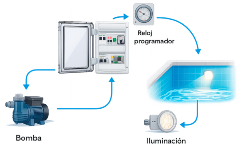 esquema de funcionamiento de un cuadro eléctrico estanco para piscina con bomba reloj programador e iluminación